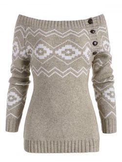 Button Side Off Shoulder Zig Zag Geometric Sweater - LIGHT COFFEE - S