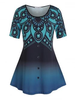 Pus Size Ombre Rhinestone Print Buttoned Tunic Tee - DEEP BLUE - L