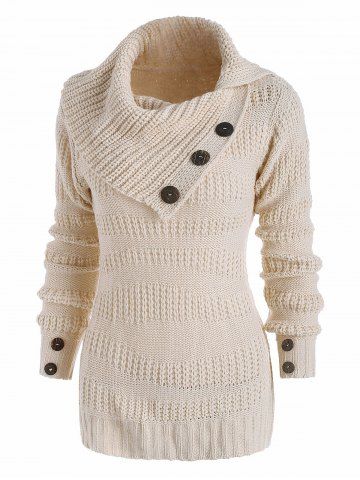 Mix Yarn Mock Button Irregular Turn Down Collar Sweater - WHITE - XL