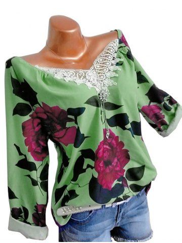 Plus Size Lace Crochet Floral Print Blouse - GREEN - XL