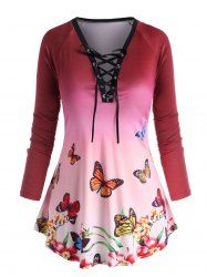Plus Size Butterfly Print Lace Up T Shirt -  
