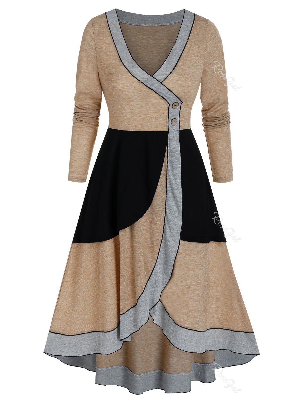

V Neck Mock Button Colorblock High Low Dress, Multi-a