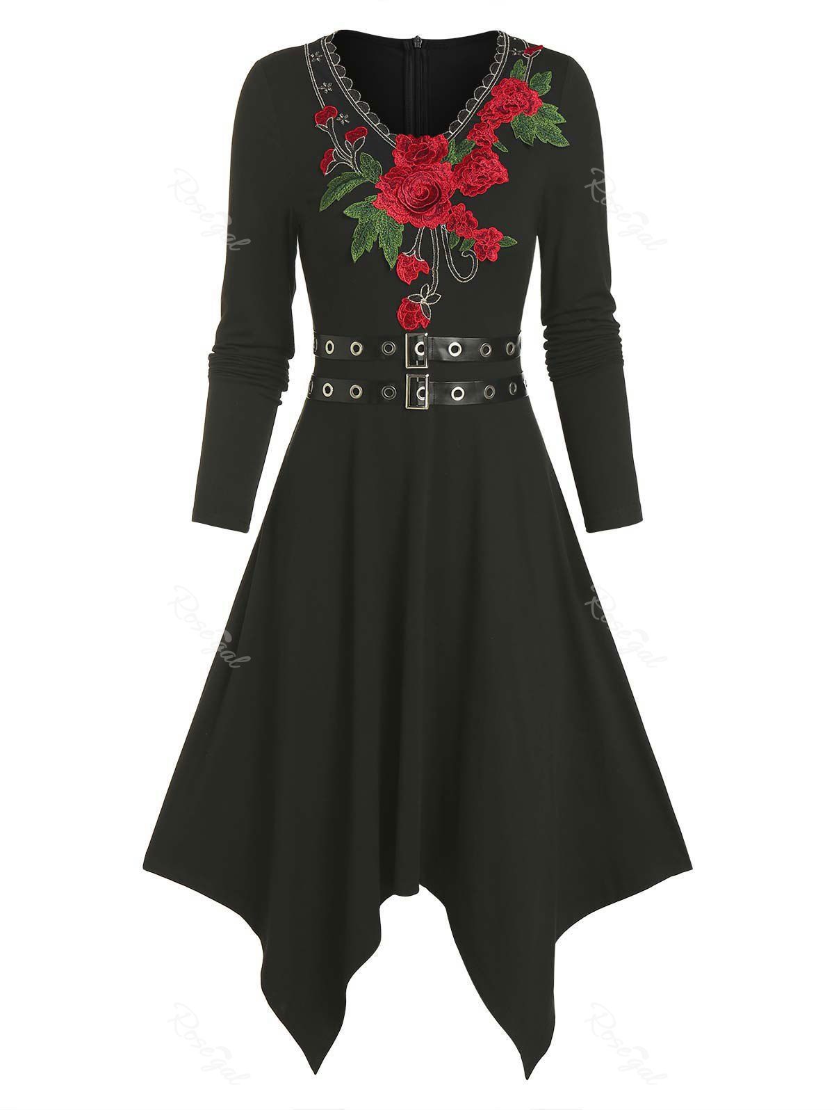 

Floral Embroidery Buckle Belted Asymmetrical Dress, Black