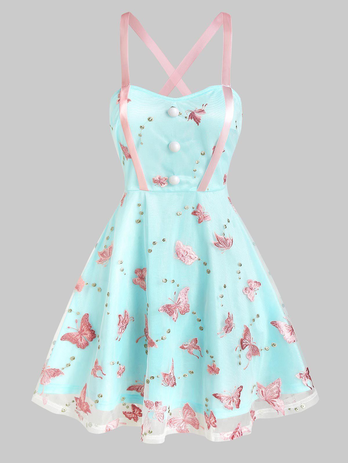 

Sleeveless Butterfly Embroidered Mesh Dress, Robin egg blue