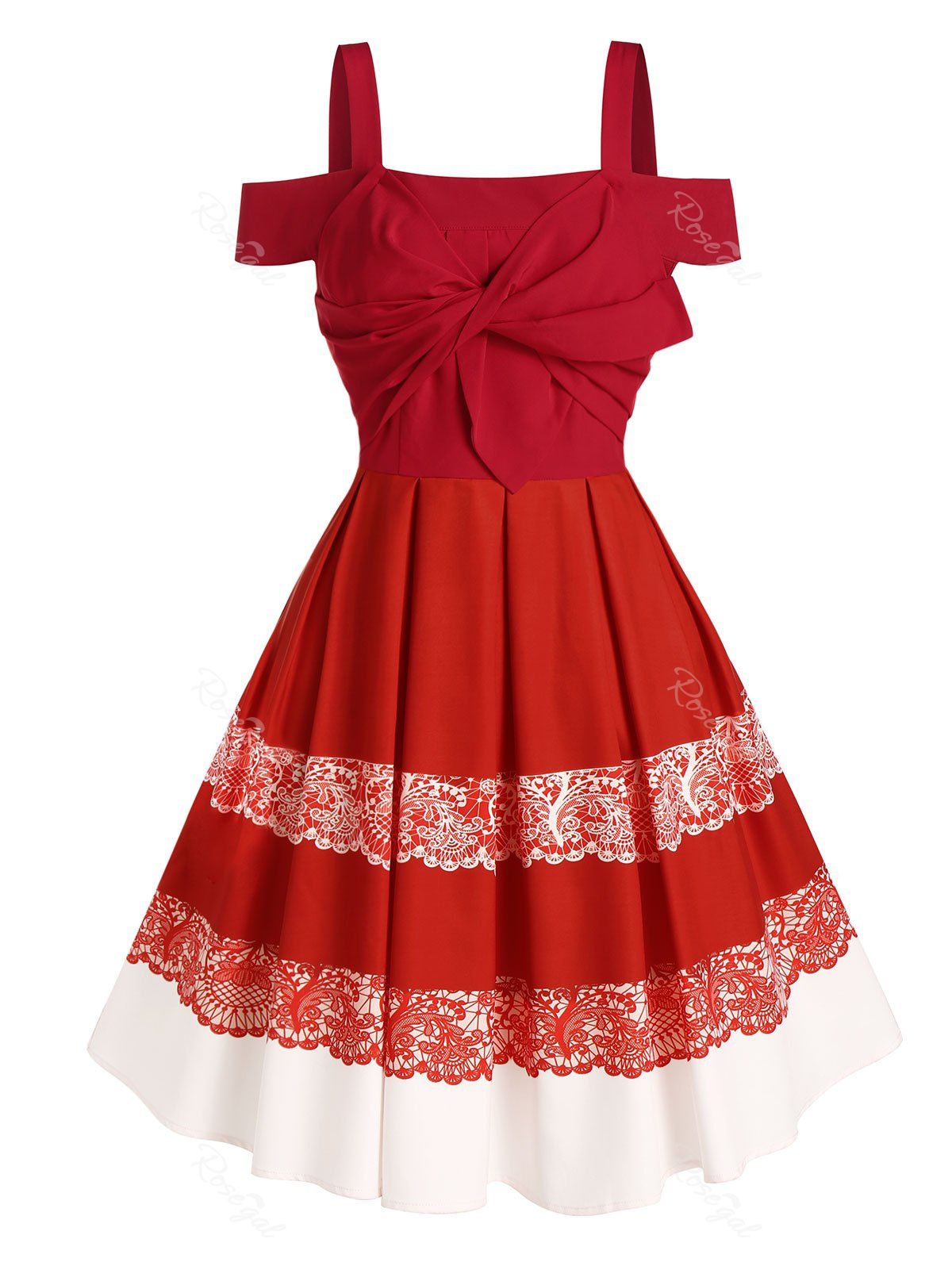 Robe Plissée Imprimée Tordue en Avant à Epaule Dénudée pour Femme Rouge M