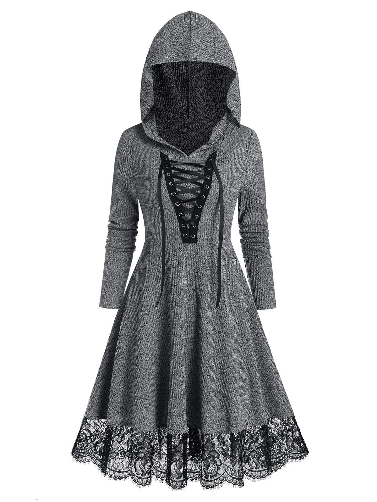 

Lace Up Hooded Lace Hem Long Sleeve Dress, Light gray