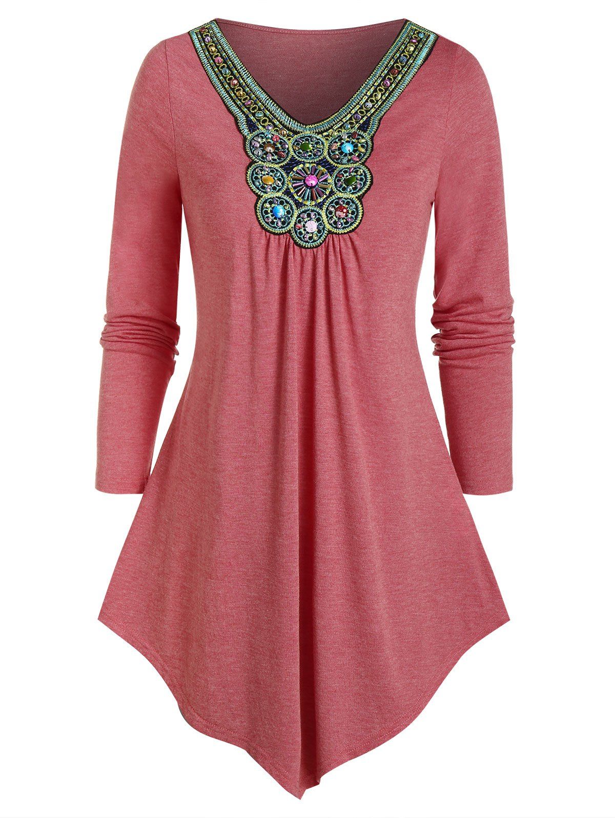 

Bohemian Beads Embellished Pleated T-shirt, Valentine red