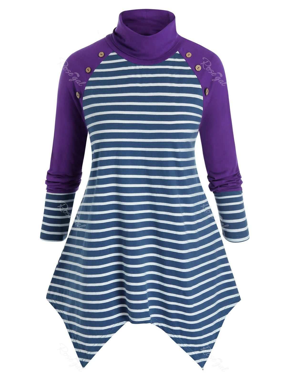

Plus Size Striped Hanky Hem High Neck Raglan Sleeve Tee, Multi