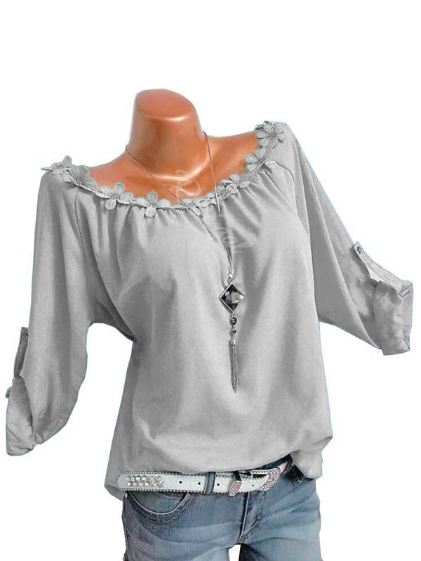 

Plus Size Flower Trim Roll Up Sleeve Top, Dark gray
