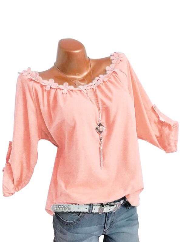 

Plus Size Flower Trim Roll Up Sleeve Top, Light orange