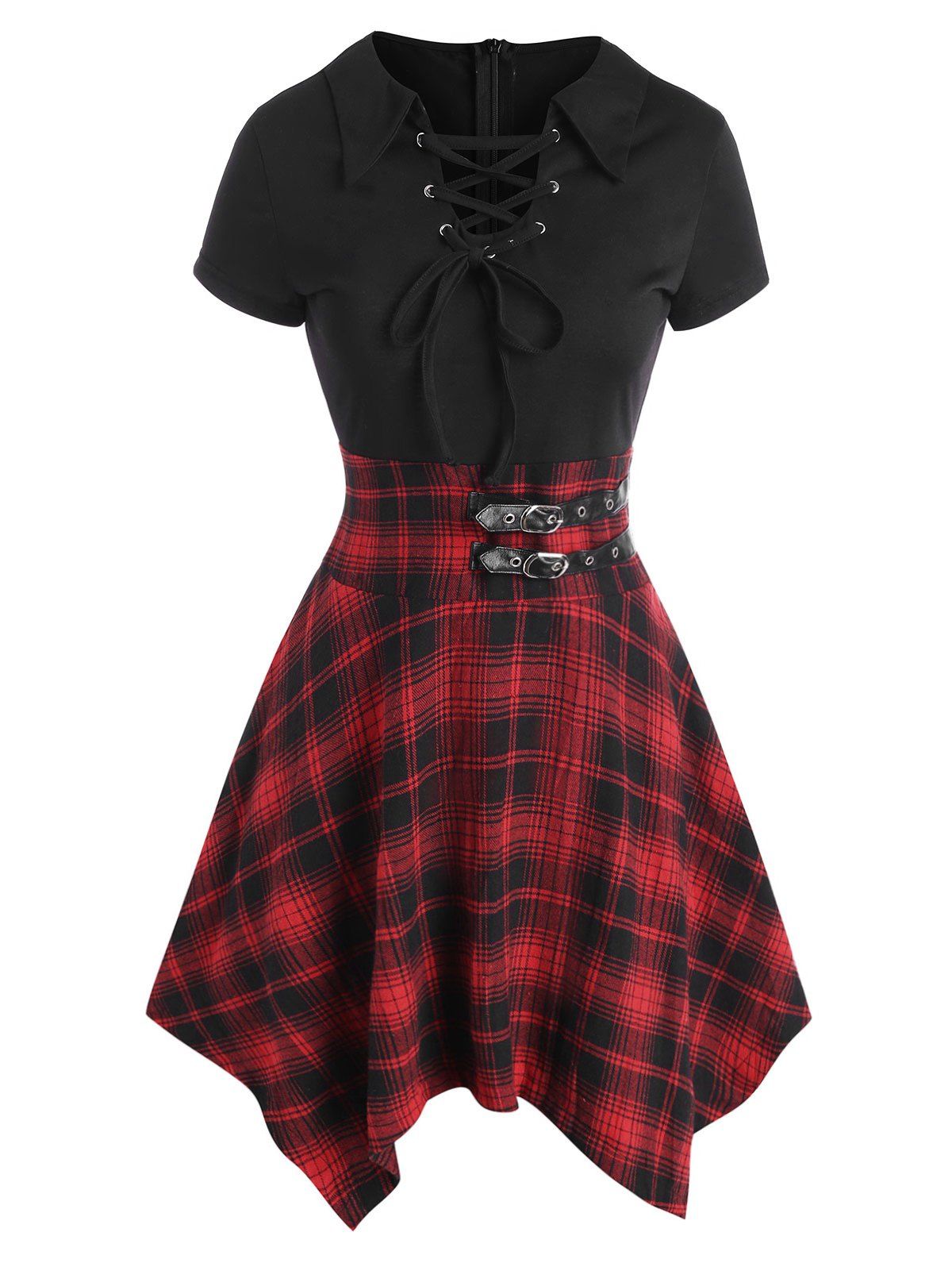 Lace Up Plaid Buckle Embellished Handkerchief Dress