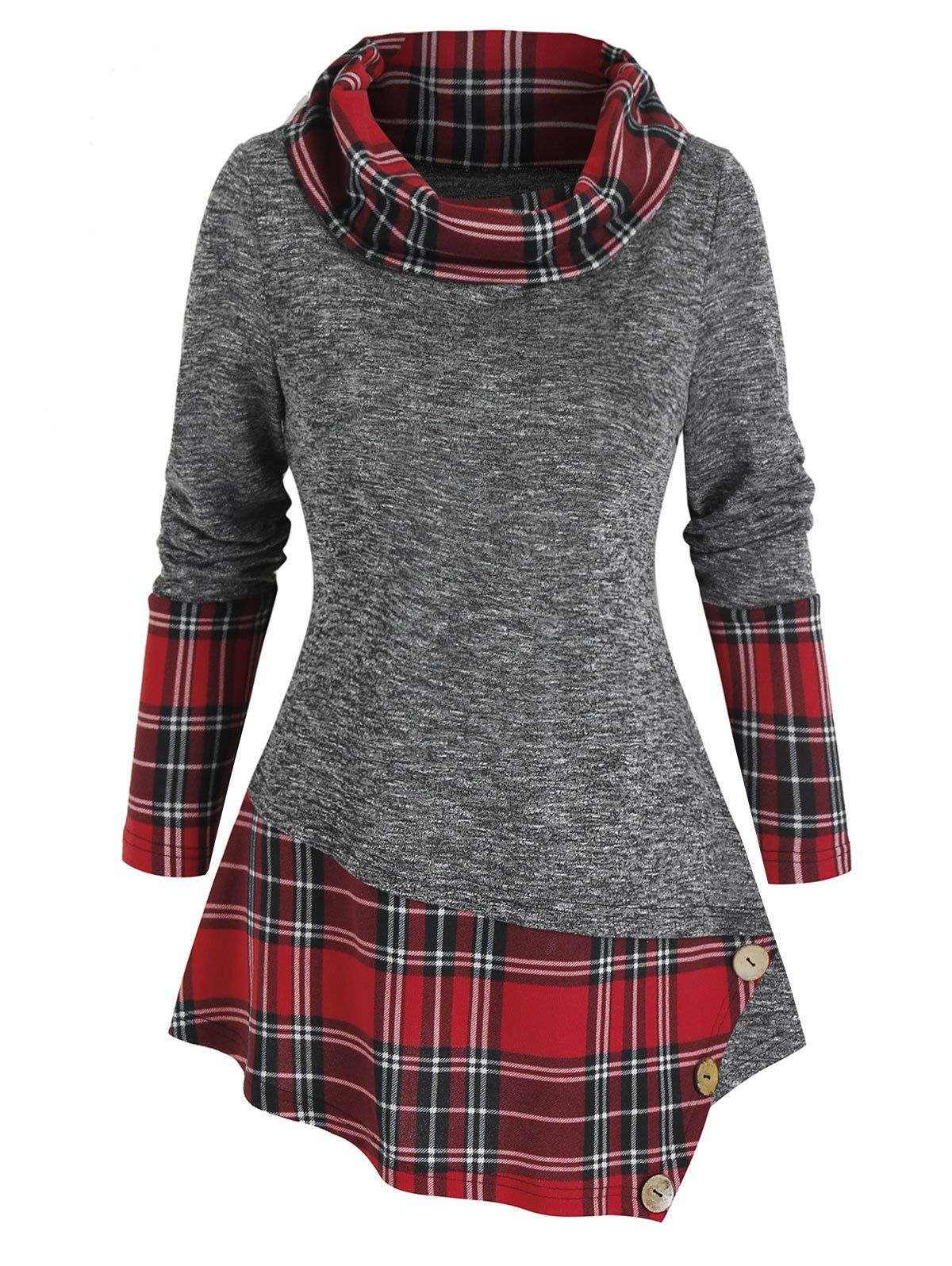 

Plaid Patchwork Button Asymmetric Top, Dark slate grey