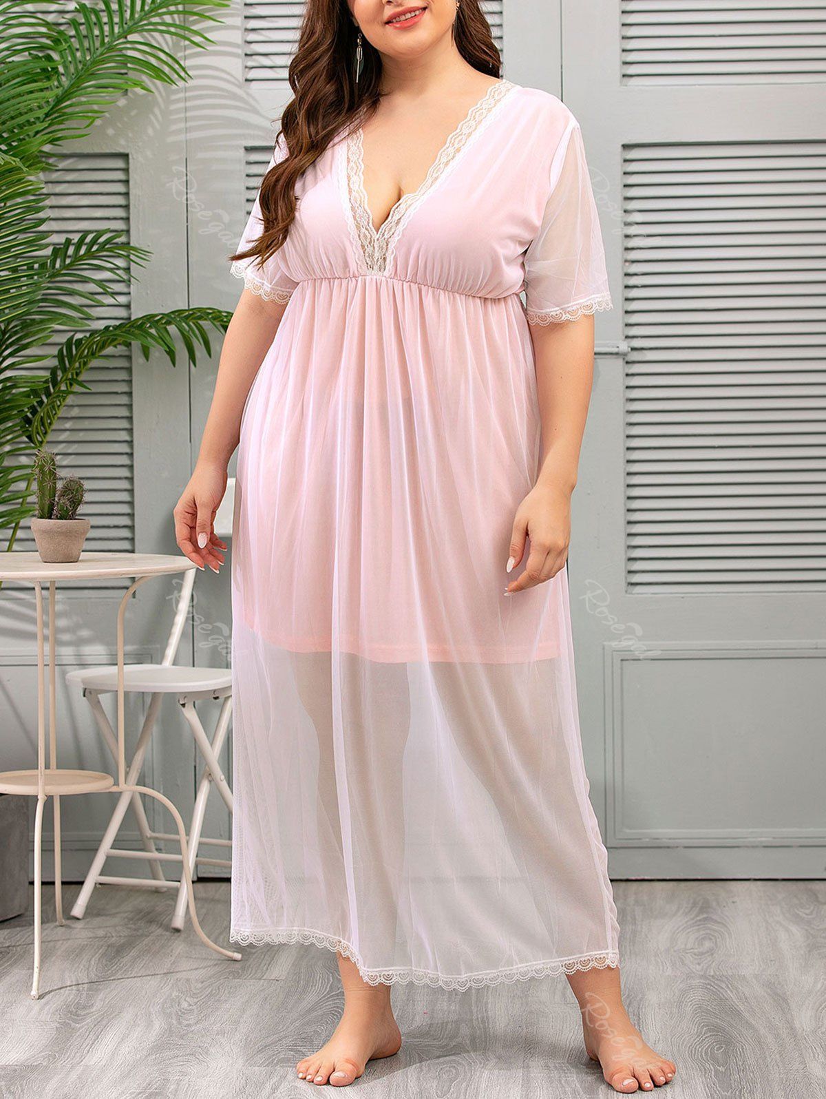 

Lace Trim Lounge Mesh Plus Size Dress, Light pink