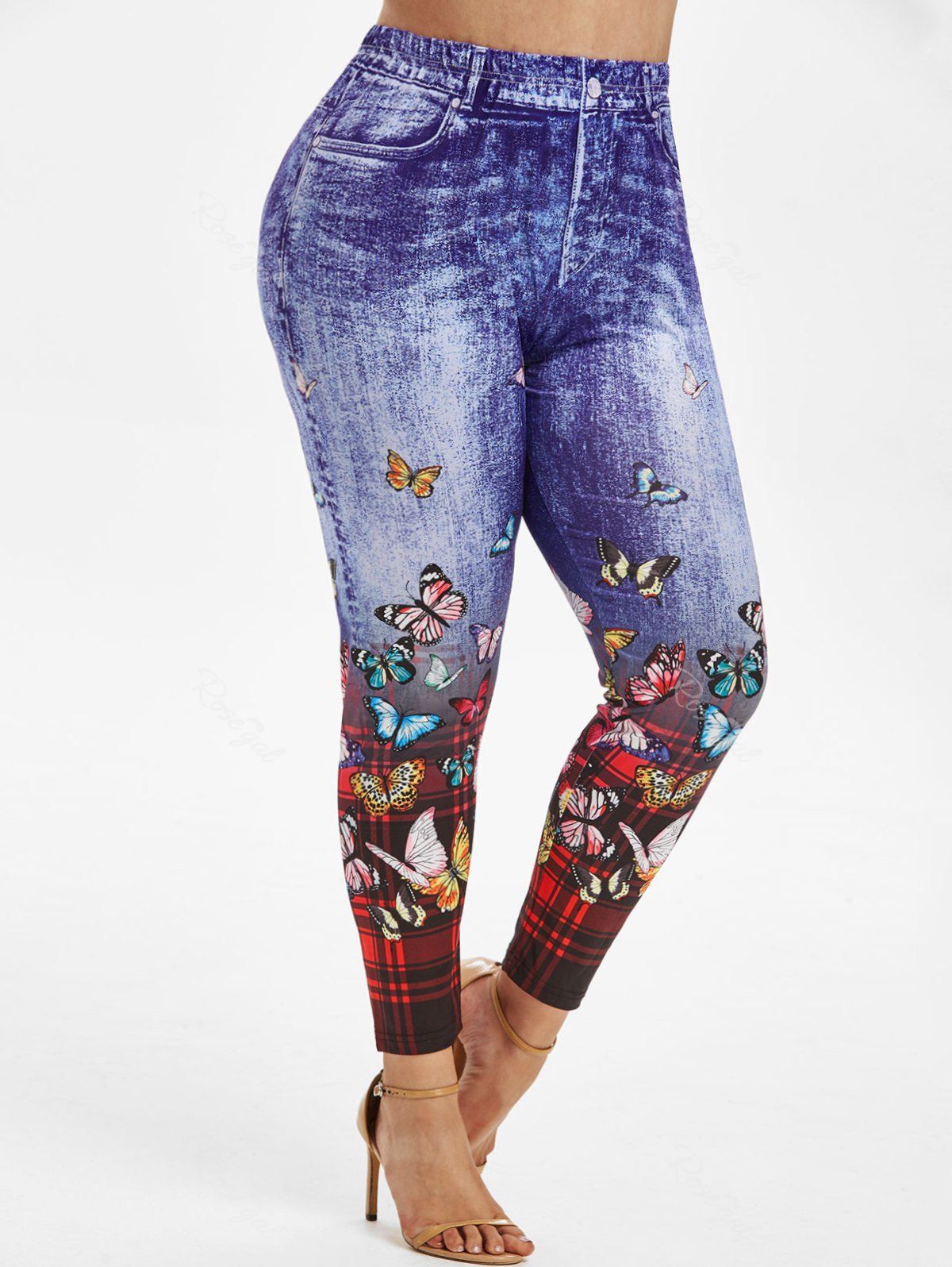 

High Waisted Plaid Butterfly 3D Print Plus Size Jeggings, Blue