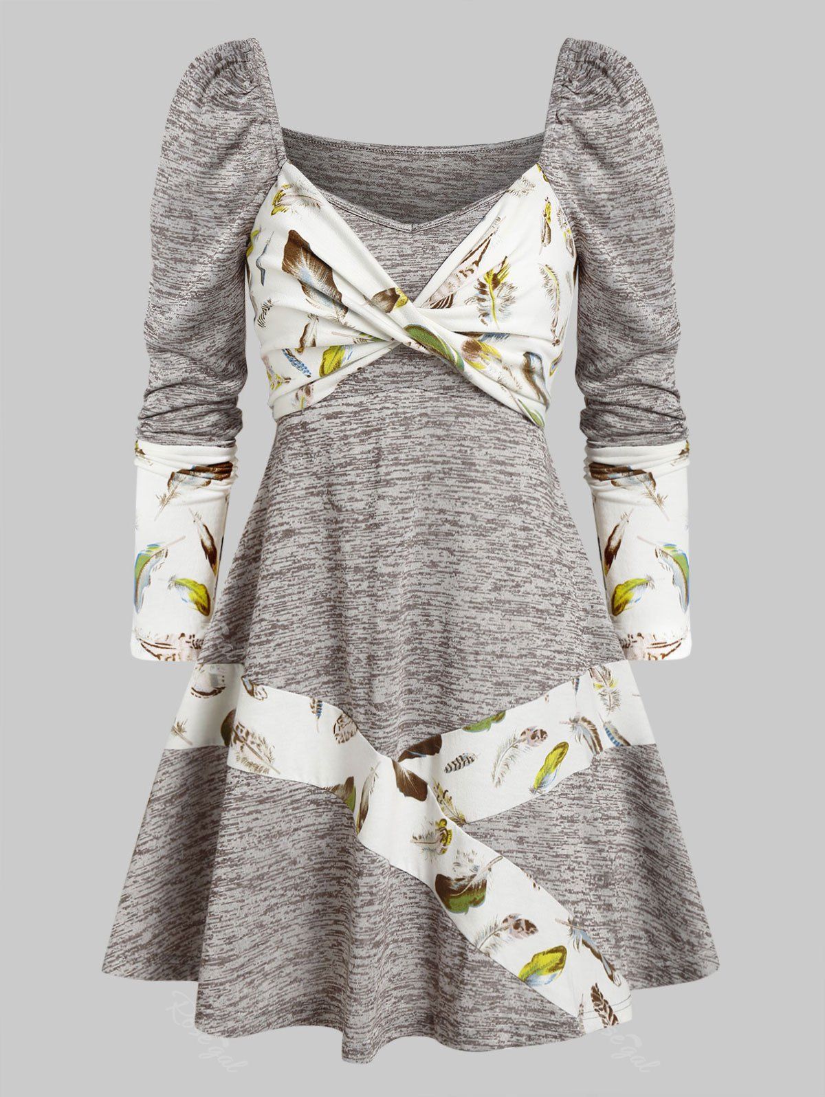 

Long Sleeve Feather Print Twist Front Dress, Multi-a