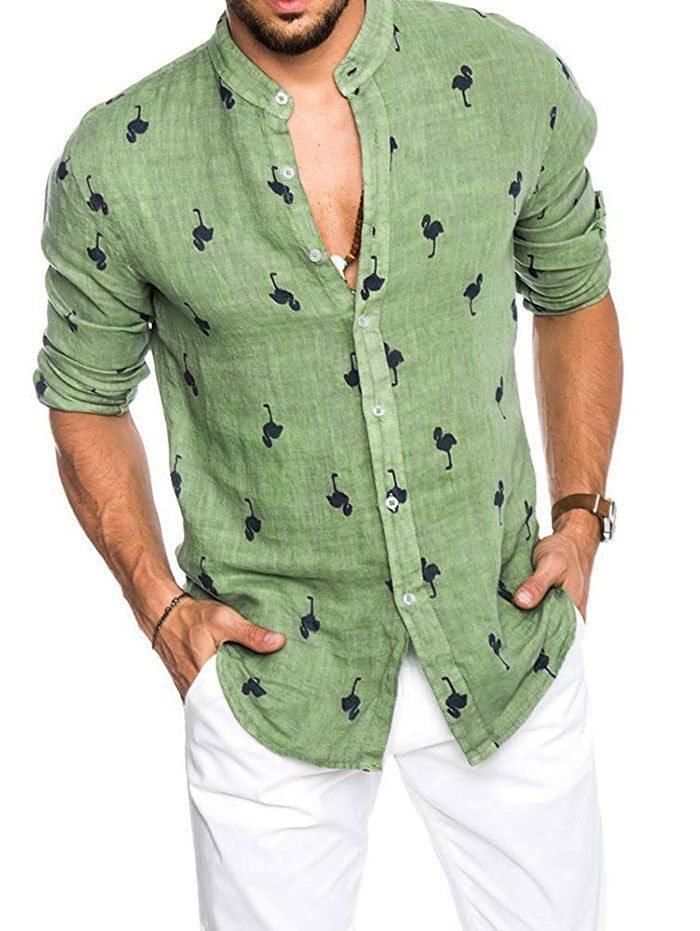 

Stand Collar Flamingo Print Long Sleeve Shirt, Green
