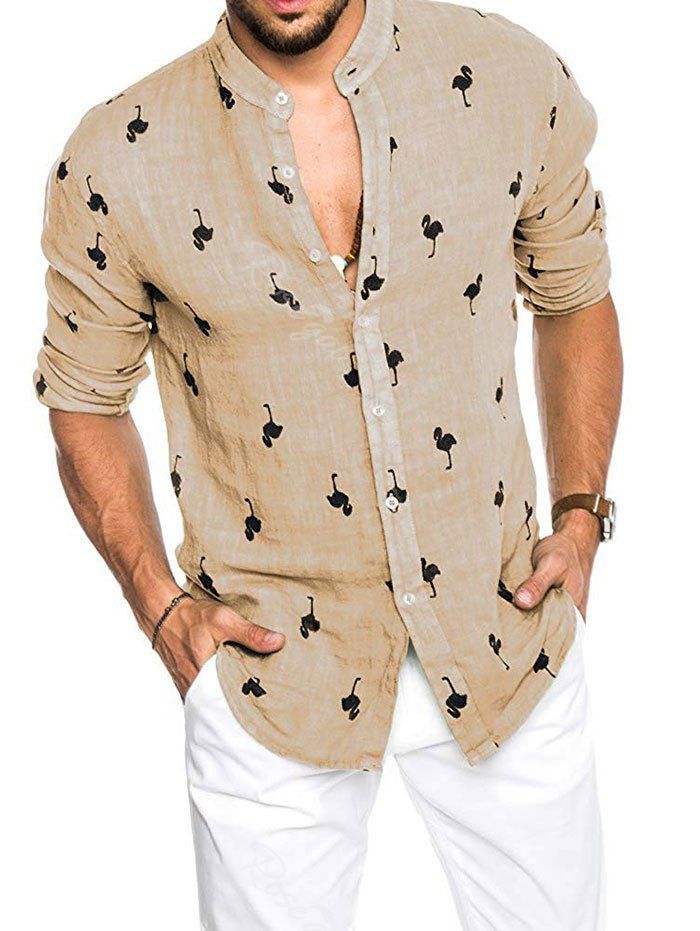 Unique Stand Collar Flamingo Print Long Sleeve Shirt  