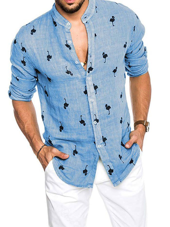 

Stand Collar Flamingo Print Long Sleeve Shirt, Blue