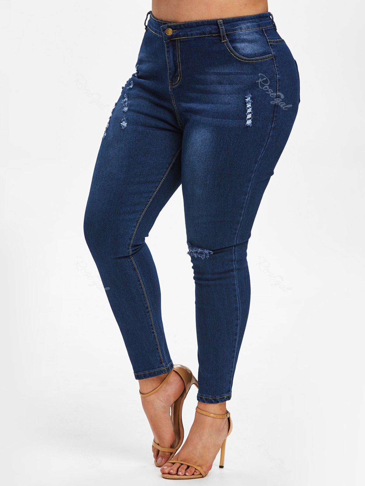 

Distressed Pockets High Waisted Plus Size Skinny Jeans, Blue