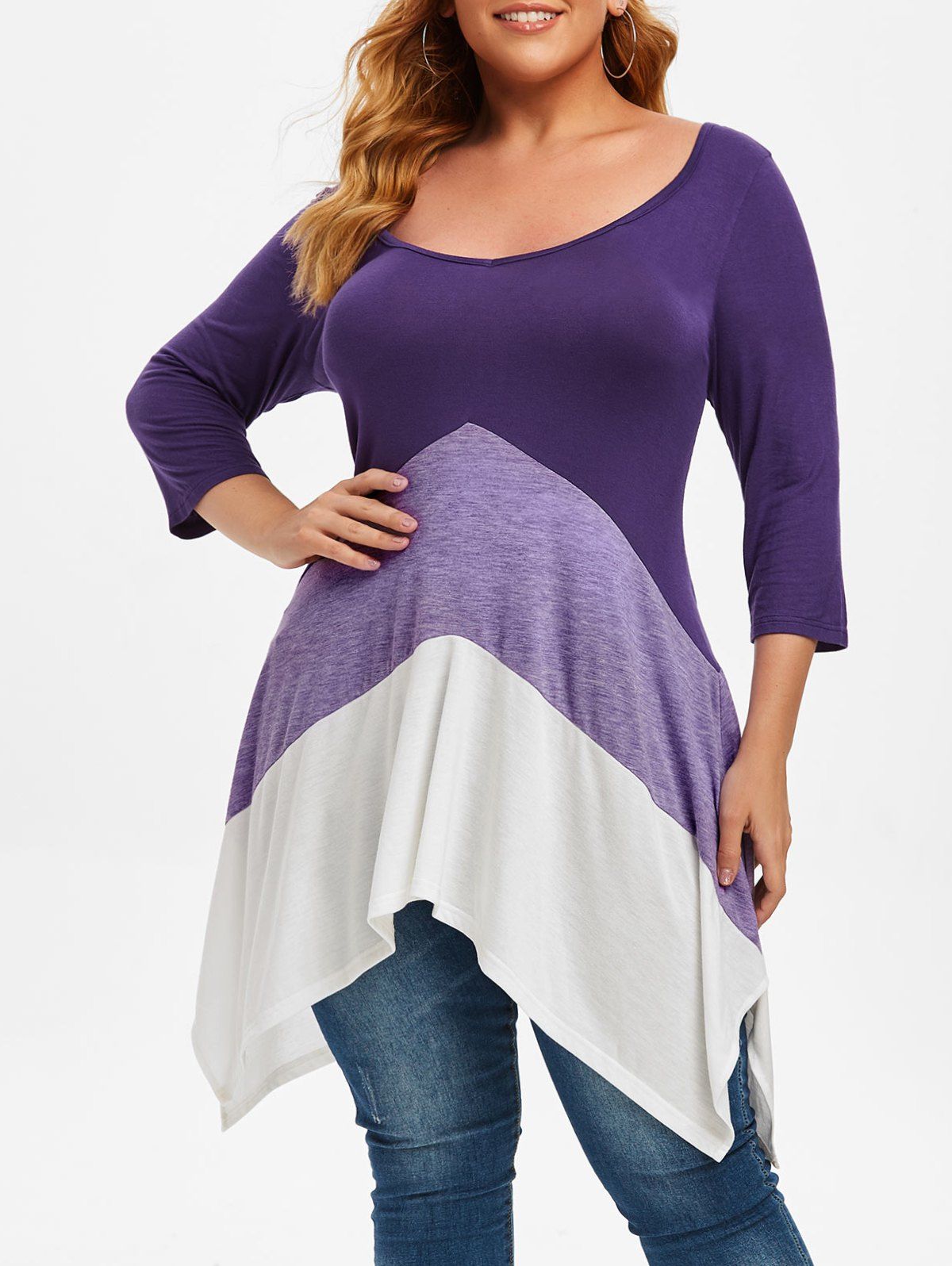 

Double-v Handkerchief Colorblock Plus Size Top, Purple