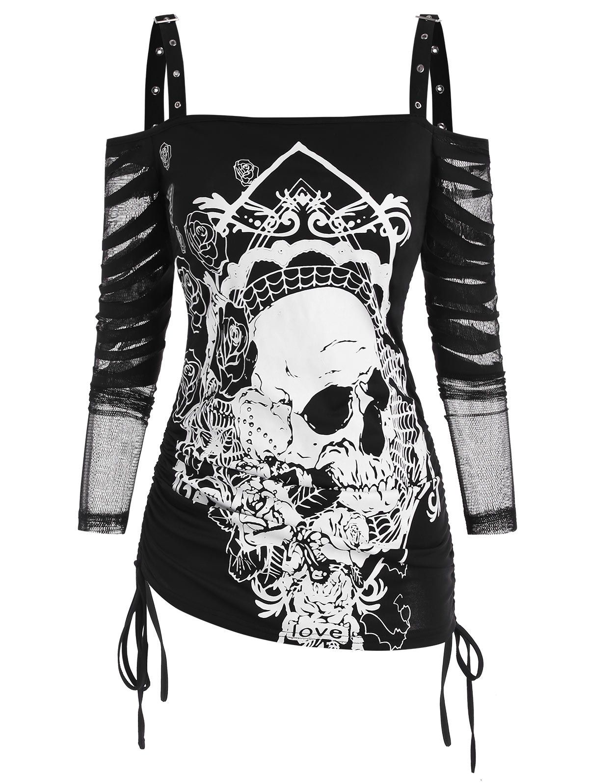 

Halloween Buckled Skull Floral Print Cinched Mesh Sleeve Cold Shoulder Top, Black