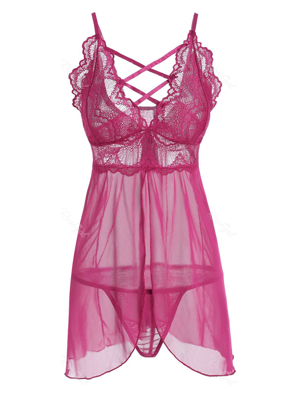

Plus Size Lattice Lace and Mesh Flyaway Babydoll Set, Deep red