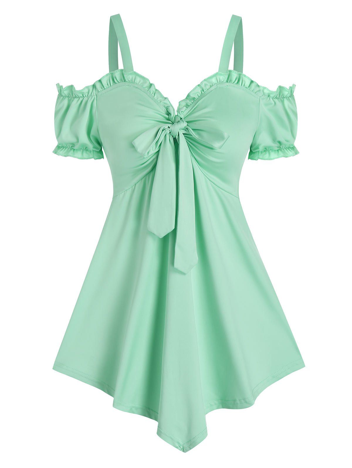 

Cold Shoulder Pointed Hem Knotted Blouse, Light green