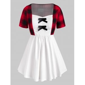 

Plus Size Bowknot Faux Twinset Plaid T Shirt, White