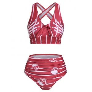 

Skull Striped Print Knot Front Padded Tankini Set, Red