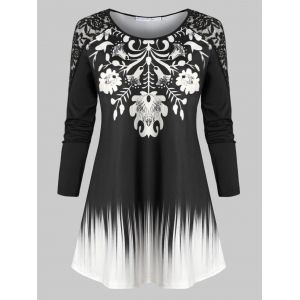 

Plus Size Raglan Sleeve Lace Insert Printed T Shirt, Black