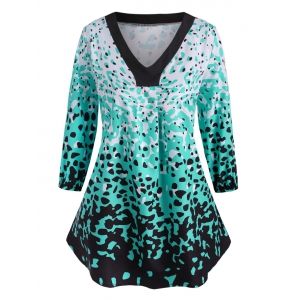 

Leopard Ruched Curved Hem Plus Size Blouse, Green