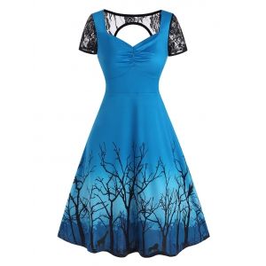 

Lace Panel Cutout Branch Print A Line Dress, Blue