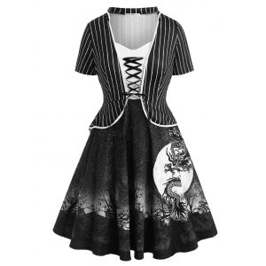 

Stripes Oriental Dragon Lace Up Plus Size Dress, Black
