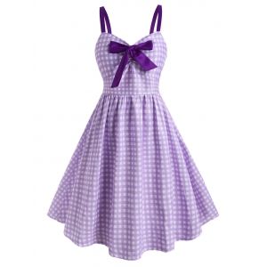 

Plus Size Checked Bowknot Fit and Flare Dress, Light purple