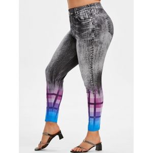 High Waisted Plaid Panel 3D Print Plus Size Jeggings, Black