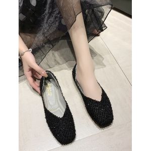 

Square Toe Textured Slip On Flat Shoes, Black