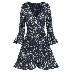 

Poet Sleeve Floral Print Mini Wrap Dress, Midnight blue