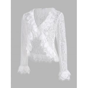

Ruffles Button Loop Eyelash Lace Plus Size Blouse, White