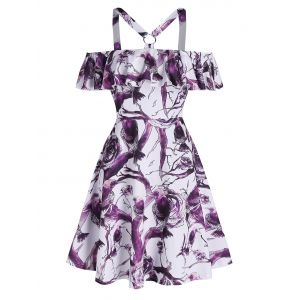 

Exposed Shoulder Birds Print Flounce Mini A Line Dress, Multi a