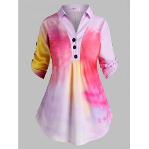 

Button Front Tab Sleeve Tie Dye Plus Size Top, Light pink