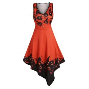 

Button Pumpkin Printed Irregular A Line Dress, Black