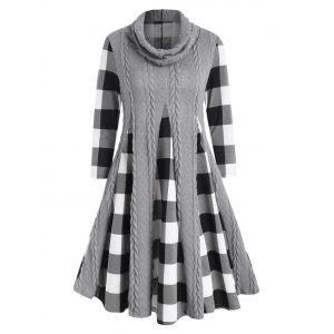 

Cowl Neck Plaid Cable Knit Panel Long Sleeve Dress, Gray