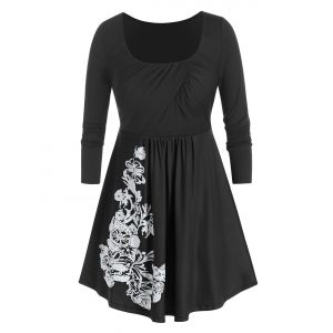

Plus Size Floral Print Gathered T Shirt, Black