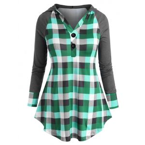 

Two Buttoned Plaid Raglan Sleeve Plus Size Hoodie, Green