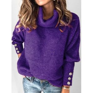 

Plus Size Turtleneck Drop Shoulder Buttoned Sweater, Purple