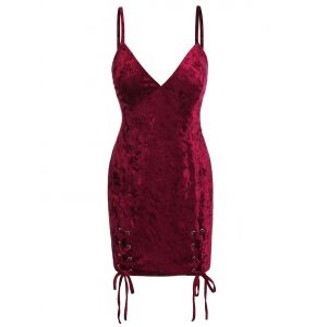 

Plus Size Lace-up Velvet Backless Lingerie Cami Dress, Red wine