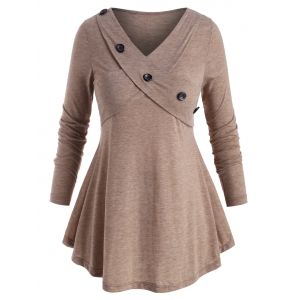 

Mock Buttons Heathered Criss Cross Plus Size Top, Light coffee