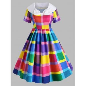 

Colorful Plaid Bowknot Collar Plus Size Vintage Dress, Multi