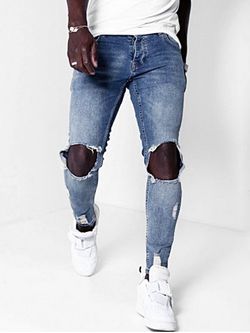 Distressed Destroy Wash Ripped Taped Jeans - BLUE - M