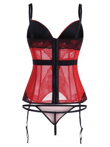 

Plus Size See Thru Garter Slip Corset Lingerie Set, Red